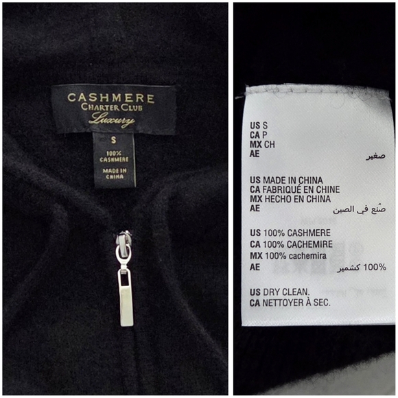 Cashmere Luxury Full Zip Black Hoodie By Charter Club, Pockets, Size Small - Picture 11 of 16